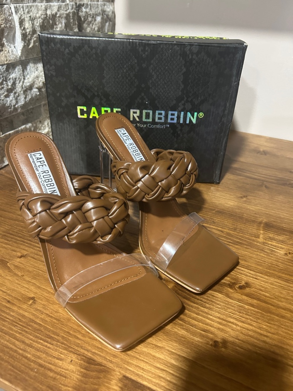 Cape Robbin Tan Braided Strap Clear Band High Heel Sandals *callout* size 8